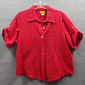 Ruby Red eyelet blouse beach coverup red cinched pleat on back button tab sleeve